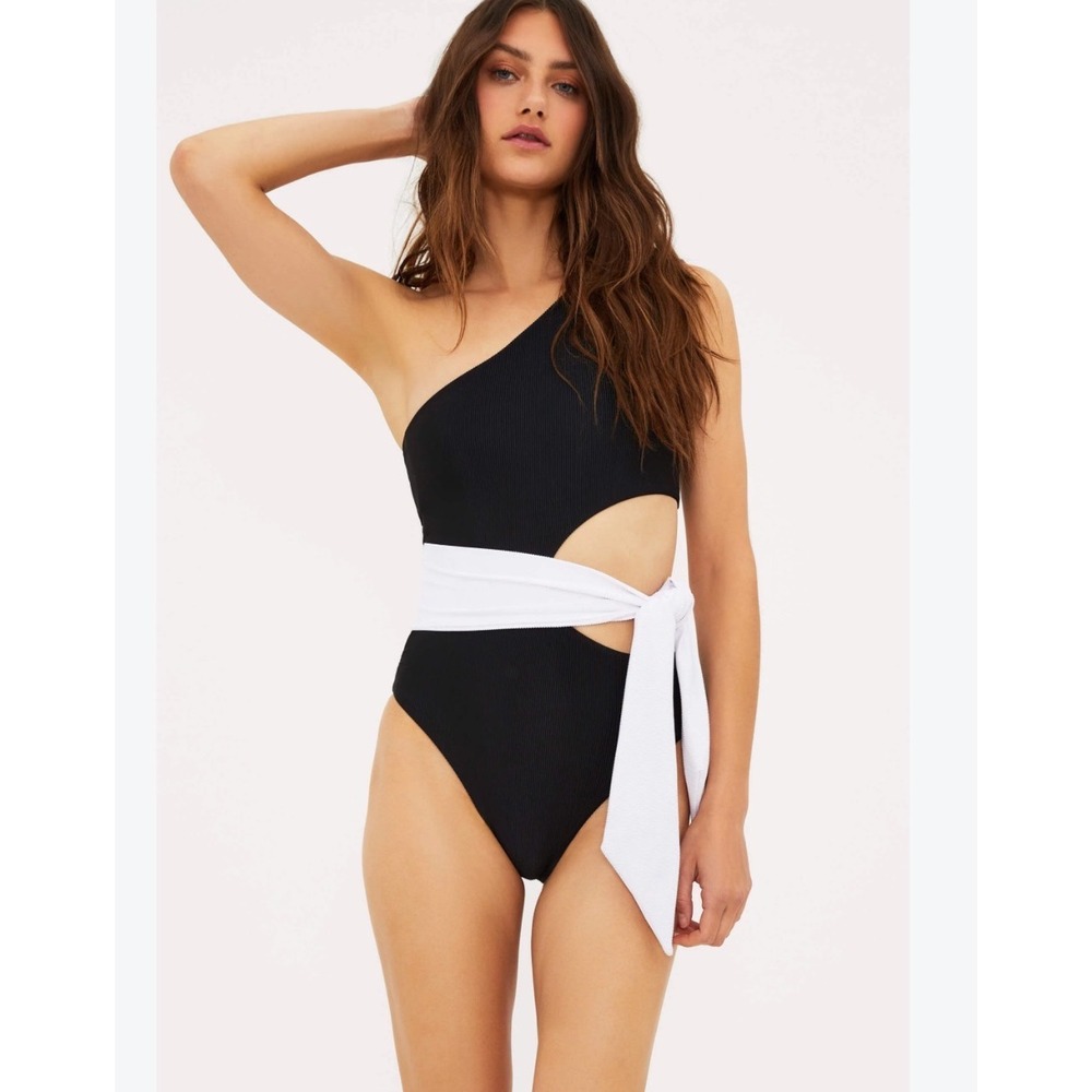 Beach Riot Carlie One Piece Swimsuit Black White One Shoulder Cutout Large